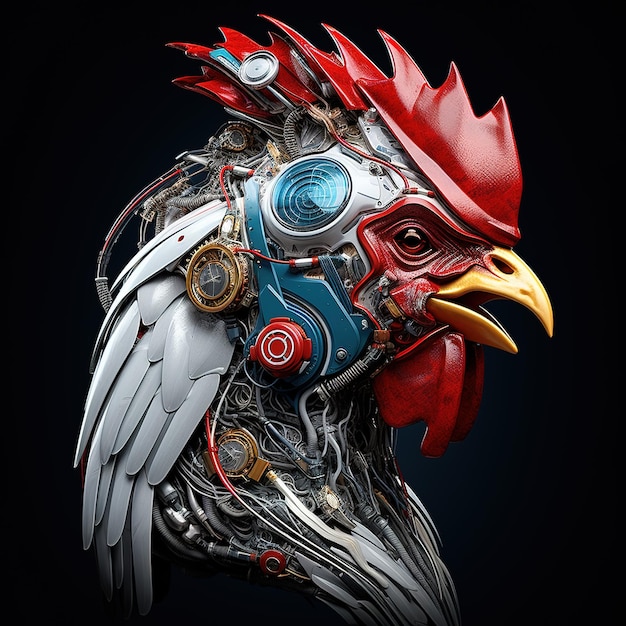 A rooster head that is a futuristic machine of the future world Farm animals Illustration Generative AI