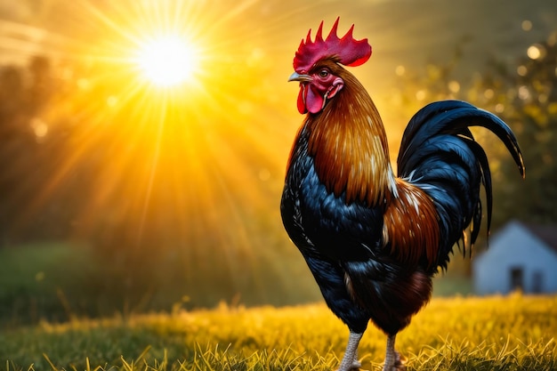 Rooster is standing in field of grass with the sun shining behind him creating outline of his body