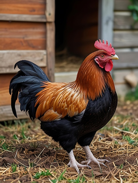 a rooster is standing in front of a wooden building