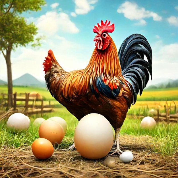 a rooster is standing in the grass with eggs