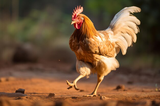 a rooster is walking on the ground