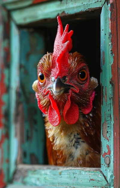 Rooster looks out of window A chicken looks out of a door