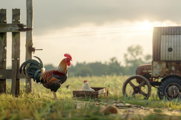 Rooster and small chicken in a rustic sunlit farm setting with old machinery in the background