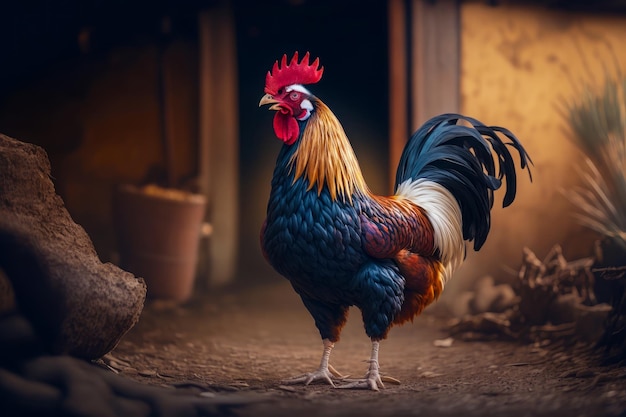 Rooster standing on dirt ground next to potted plant in barn Generative AI