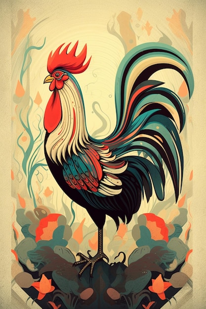 Rooster standing on a rock with a colorful background generative ai