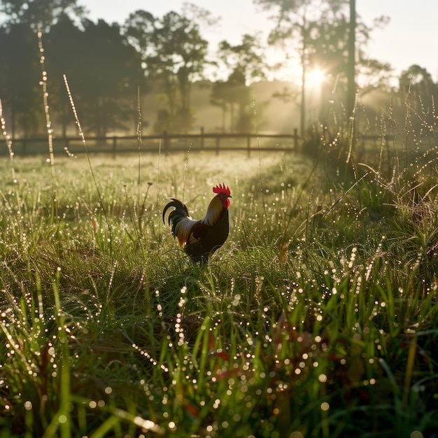 Photo a rooster stands in a field of tall grass covered in morning dew as the sun rises in the distance