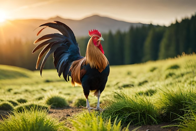 A rooster stands in a field with the sun setting behind it.