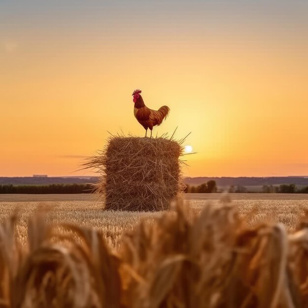 A rooster stands on a hay bale in a field at sunset.