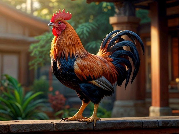 a rooster stands on a ledge in front of a building