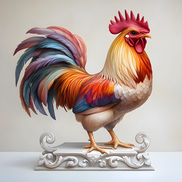 Photo a rooster statue with colorful feathers on its tail