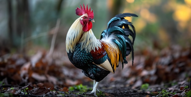 Photo rooster vivid colors full body ultra detailed blurry rooster in the grass