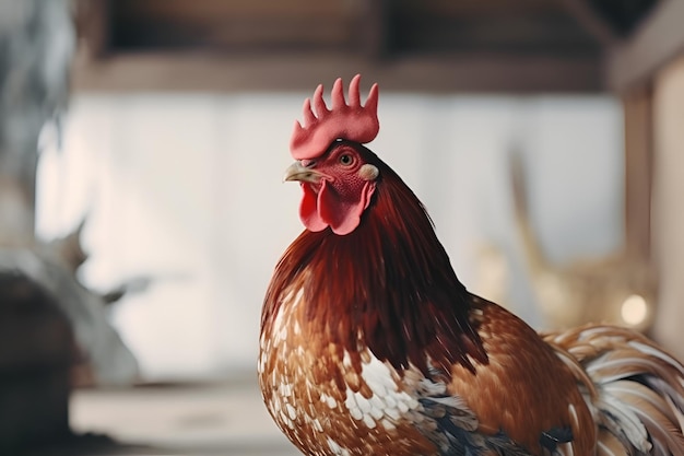 Rooster on white wooden background ai