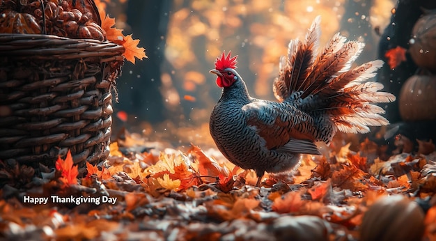 Photo rooster and wicker basket on fallen leaves with the inscription happy thankgiving day created with generative ai technology