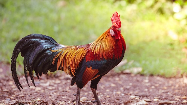 A rooster with beautiful feathers in the morning sun