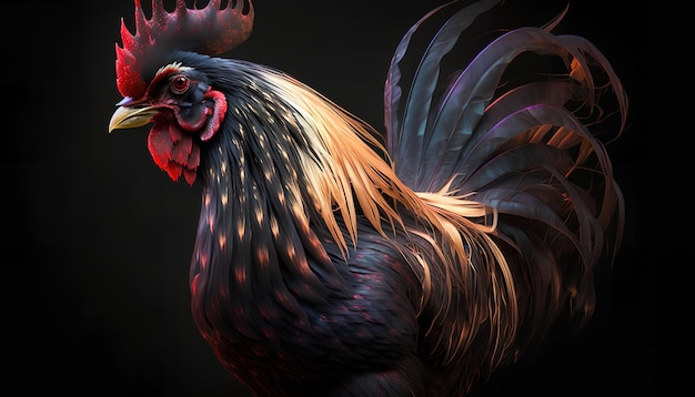 A rooster with a black background and a black background