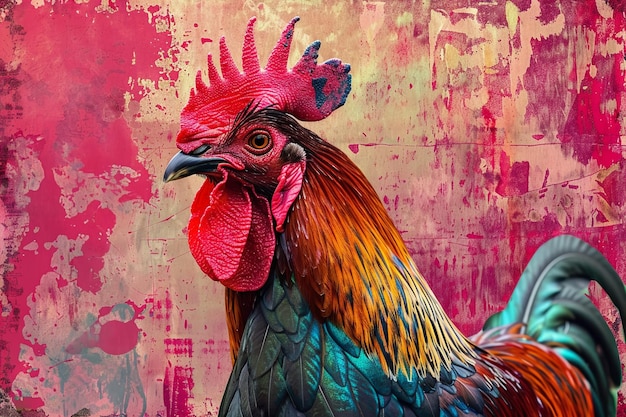 Rooster with colorful feathers against a grunge background