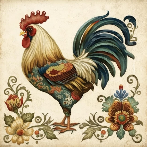 Rooster with floral border on a cream background generative ai