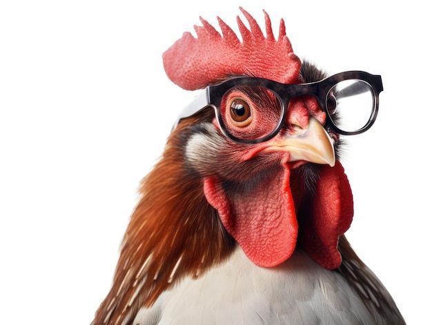 Rooster with glasses on a white background generative ai