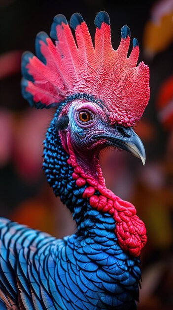 a rooster with a red and blue feathers on its head