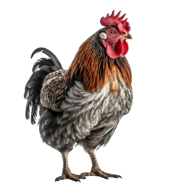 A rooster with a red comb and black feathers is standing on a white background.