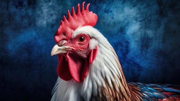 A rooster with a red comb and a white face