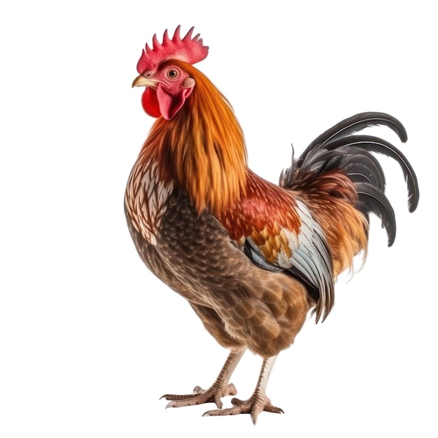 A rooster with a red crest on its head stands on a white background