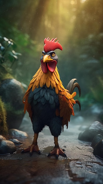 A rooster with a red head and a black beak.