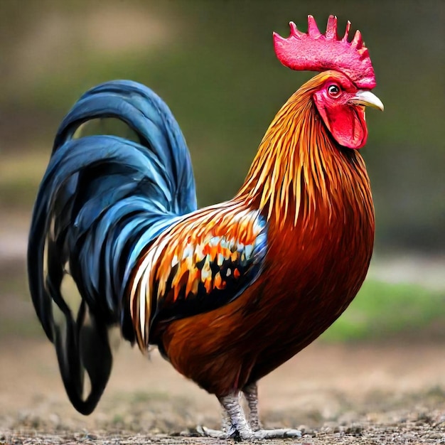 Photo a rooster with a red head and a blue tail