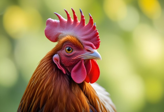 a rooster with a red head and a green background