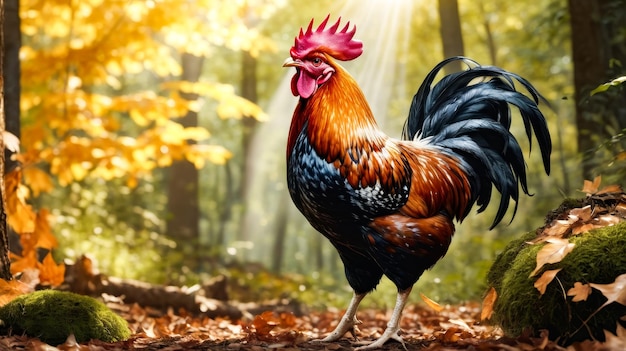 Rooster with red and yellow head stands in forest clearing