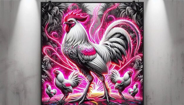 Photo a rooster with a rooster on his back is framed in a black and pink background