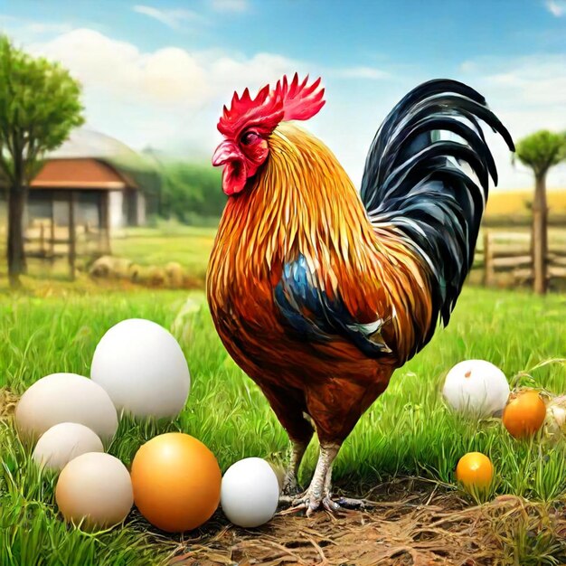 a rooster with a rooster on his head stands in a field of eggs