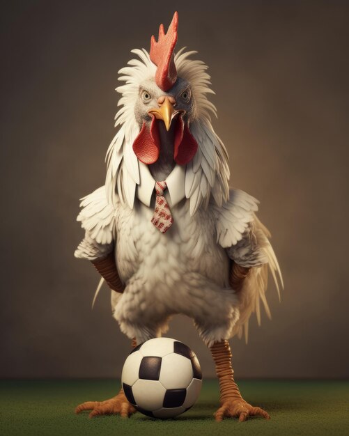 Rooster with tie and soccer ball sports bird