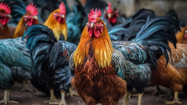 A rooster with a yellow and red head stands in front of a group of chickens.