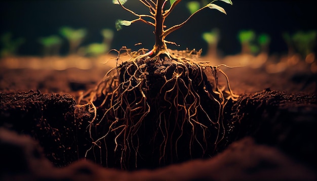 Roots of plant growing underground close up layers of soil cross Generative AI