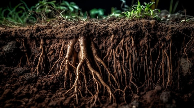 Roots of plant growing underground close up layers of soil cross Generative AI