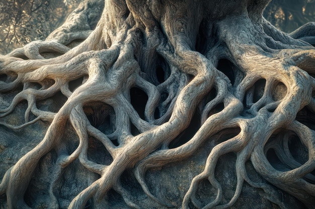 the roots of a tree are visible on the top of the image