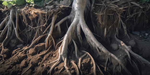 Roots of a tree in soil close up Generative AI realistic illust