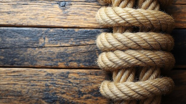 Photo rope coiled on a wooden floor symbolizing entanglement and disorder the texture of the rope contra