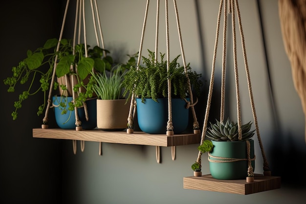 Rope hung wooden racks holding plant pots