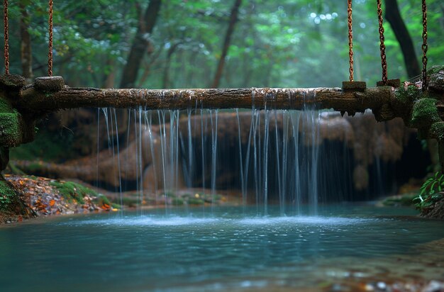 a rope swing hangs from a tree that has water flowing over it