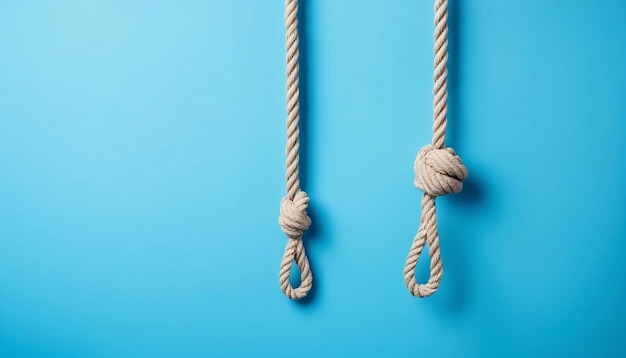 Photo rope with knot rope noose for hangman hangman knots on blue background with copy space for text