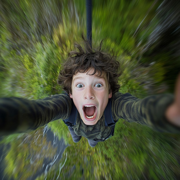 Photo ropejumping man having fun extreme sports concept embracing freedom excitement and adrenaline rush during an adventure holiday selfie shot during bungee jumping