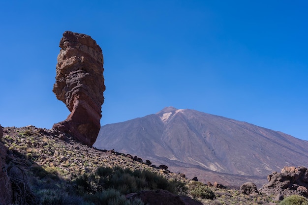 Roque Cinchado and in the background the Teide volcano in the natural area of Teide in Tenerife Canary Islands