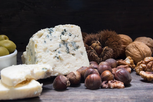 Roquefort cheese with walnuts and chestnuts