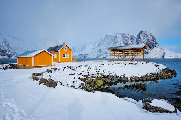 Rorbu house and drying flakes for stockfish cod fish in winter. Lofoten islands, Norway