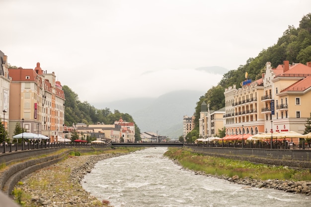 Rosa Khutor ski resort Caucasus autumn top view Krasnaya Polyana Sochi Russia.