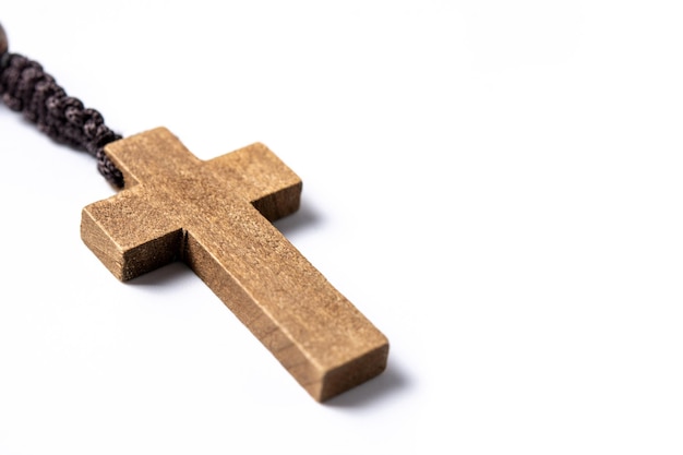 Rosary catholic cross isolated on white background