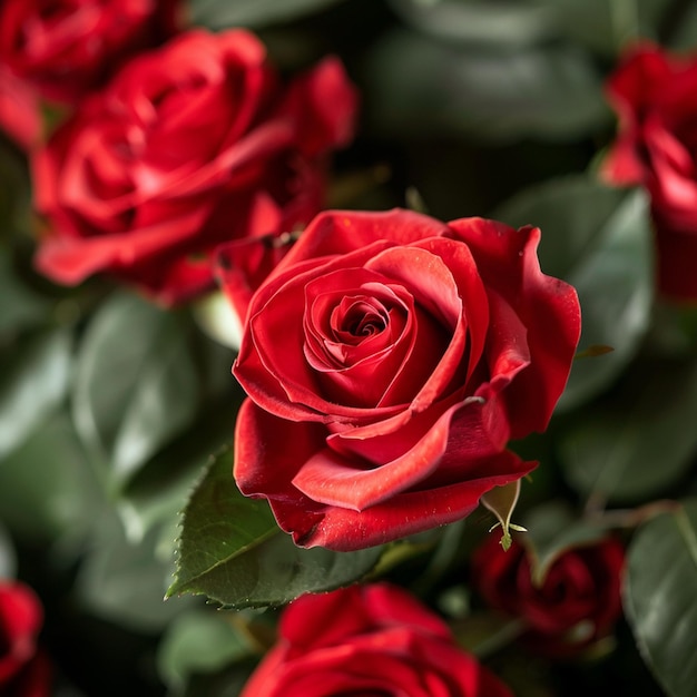 Rosas Rojas a red rose with leaves on the background