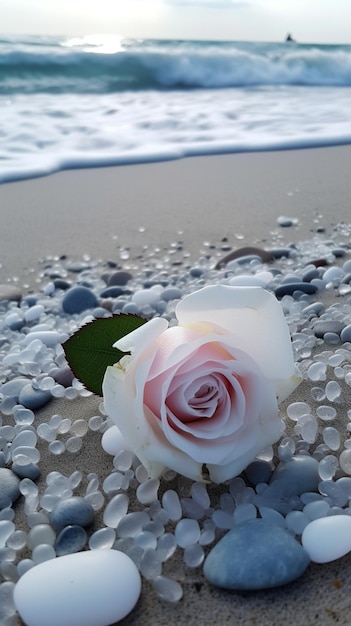 A rose on the beach is surrounded by sea foam.